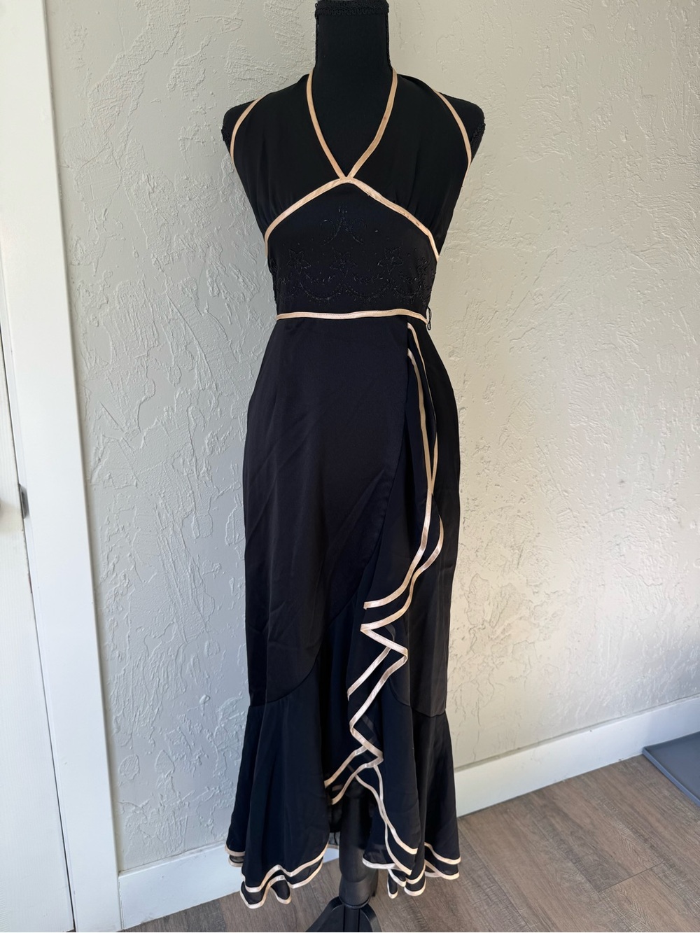 Rebecca Y2K Vintage Rare Black Beaded Halter Cascading Ruffle Dress